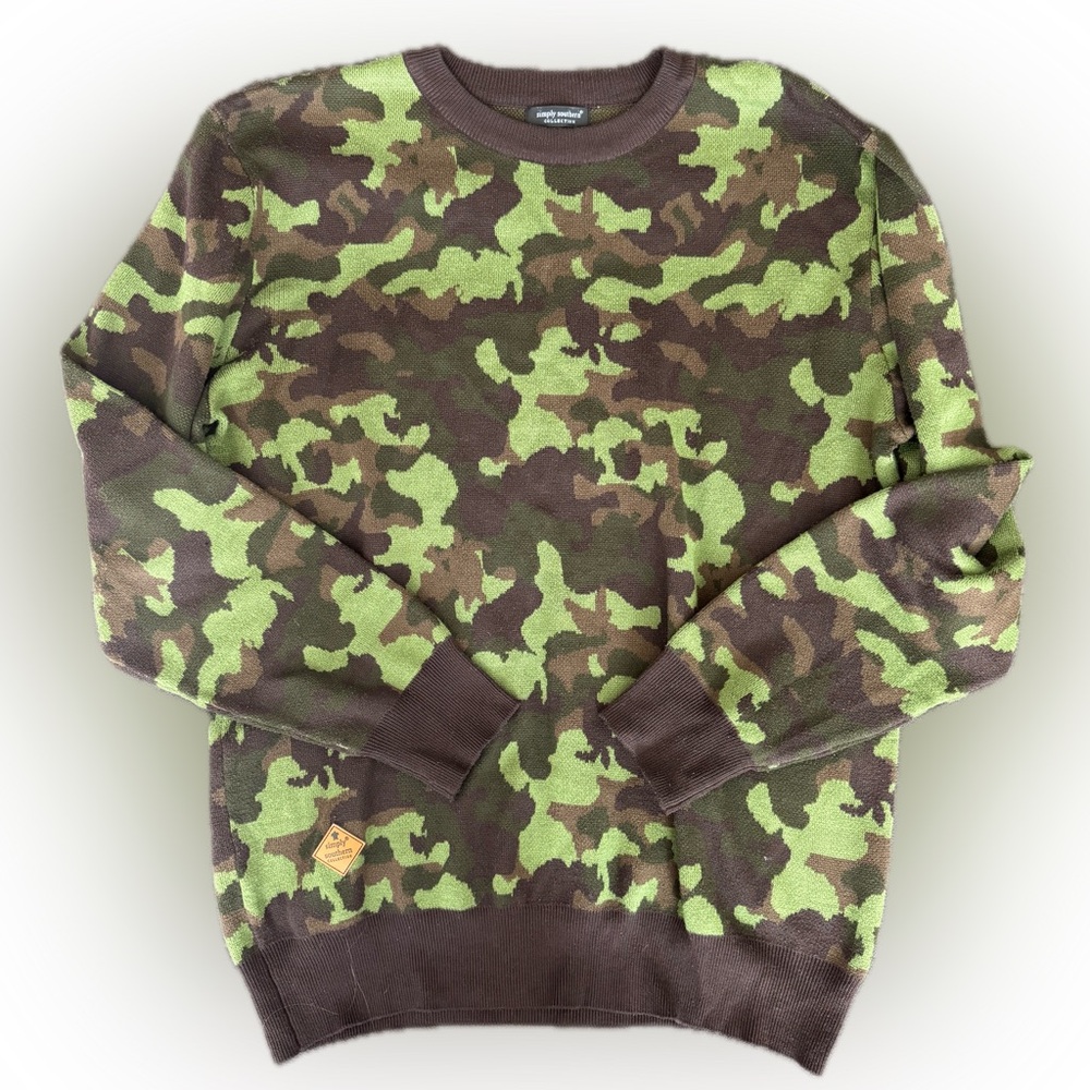 Simply Southern Women’s Green and Brown Camouflage Crewneck Knit Sweater sz. XXL